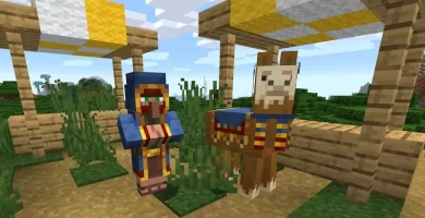 Comerciante errante con su Alpaca en Minecraft