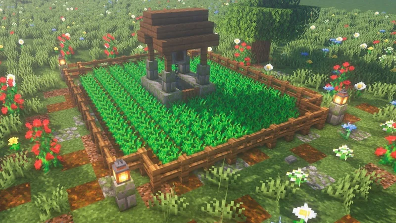 Un huerto en Minecraft con vallas